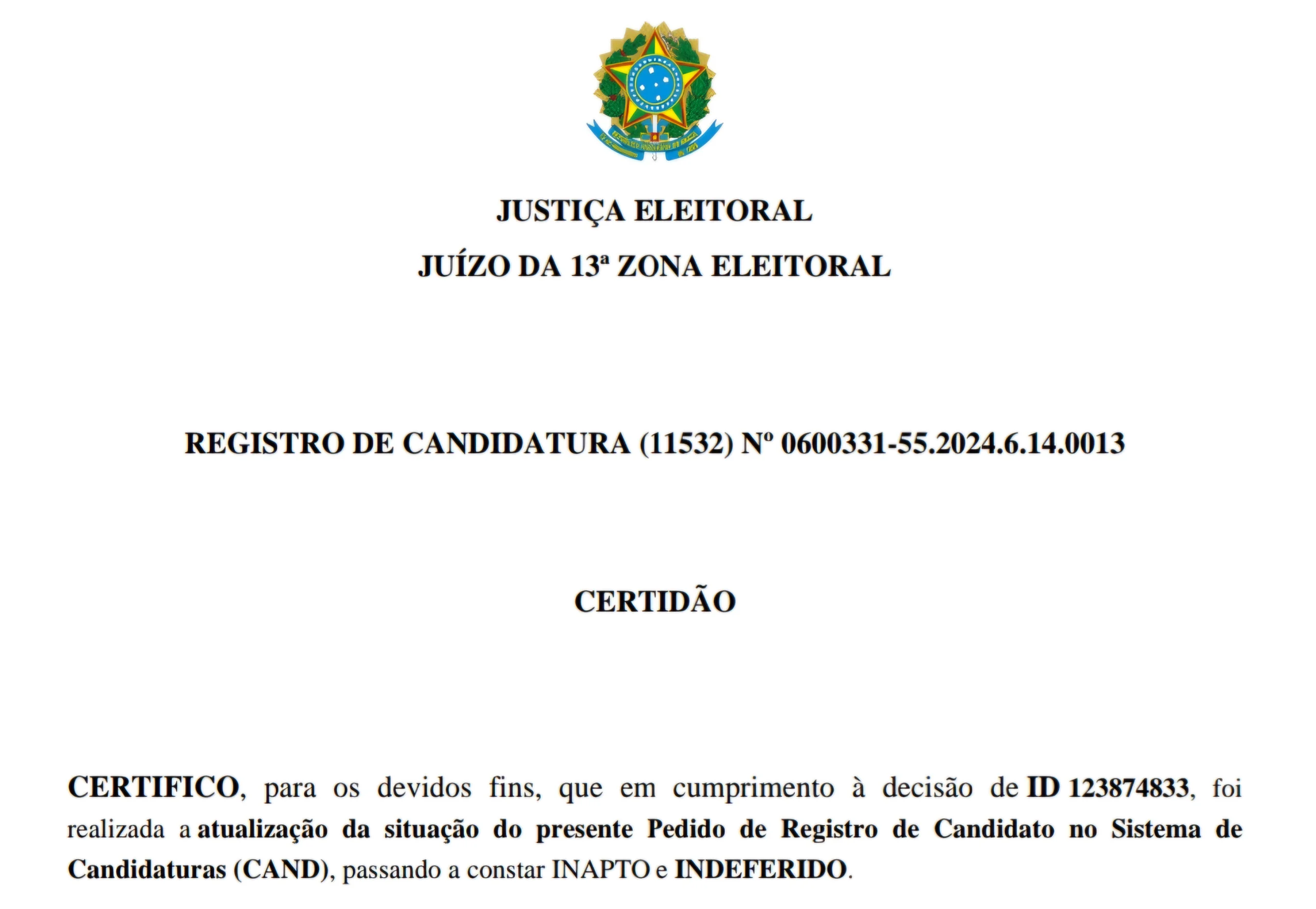 Imagem: Reprodução/Justiça Eleitoral/13º Zona Eleitoral.